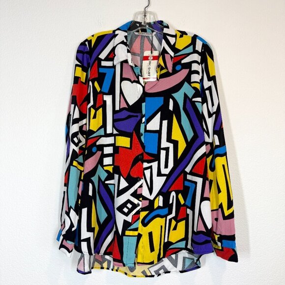 Abstract Blouse Top Button Front Blue Purple Pink Picasso Art Deco Colorful XL - Picture 11 of 11